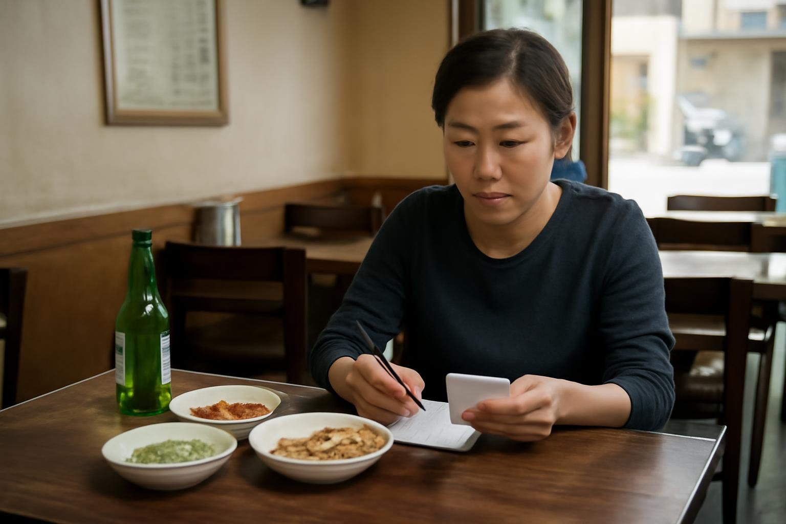Restaurant bill and Korean payment terminal showing itemized charges beside a Korean dining table