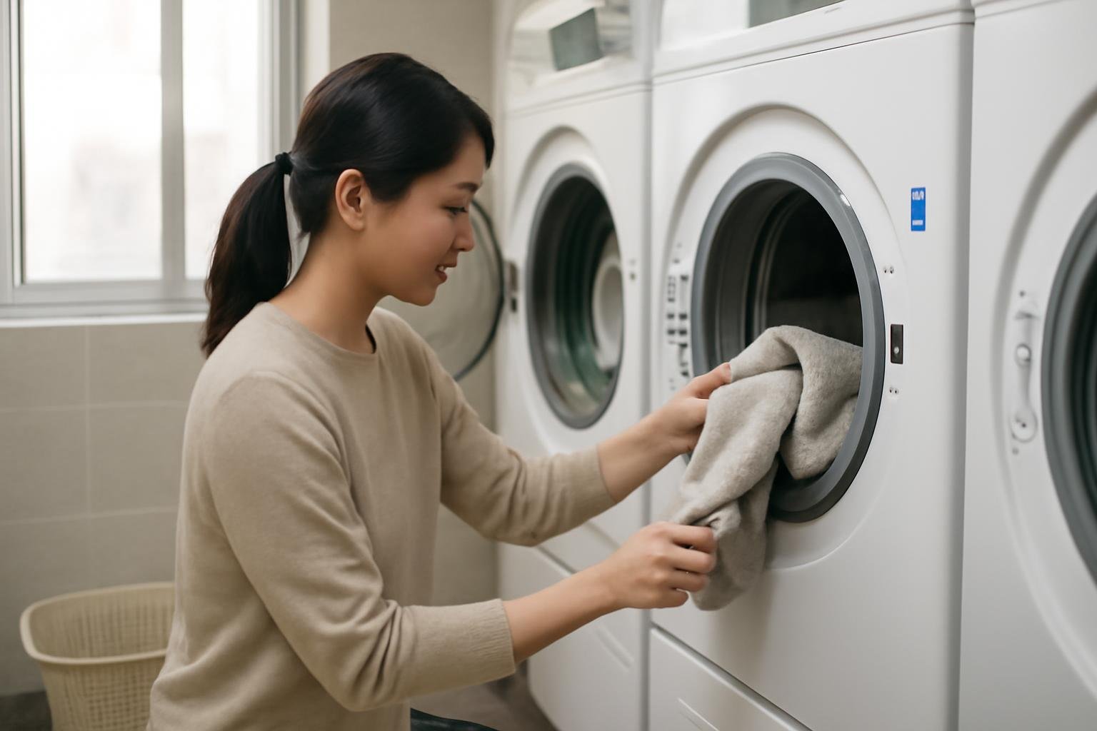 Front-loading washing machines and dryers in a clean Korean self-service laundromat