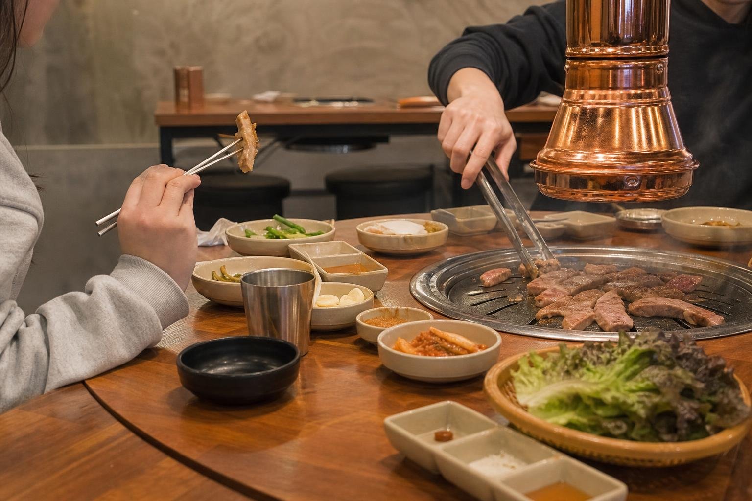 Tongs turning pork belly beside perilla leaves, ssamjang, kimchi, and scallion salad