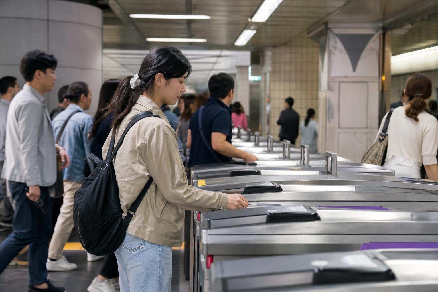 Multilingual station sign showing line colors, transfer arrows, and numbered exits