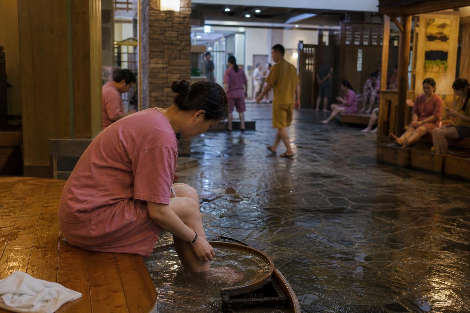 Low stools, handheld showers, and rows of washing stations beside communal bath pools