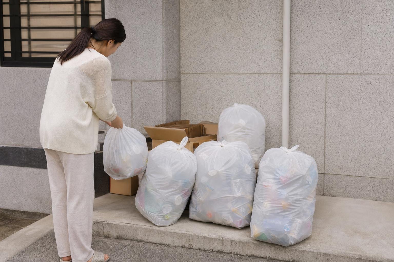 Labeled recycling bins, an RFID food-waste unit, and a general-waste collection point at a Korean apartment complex