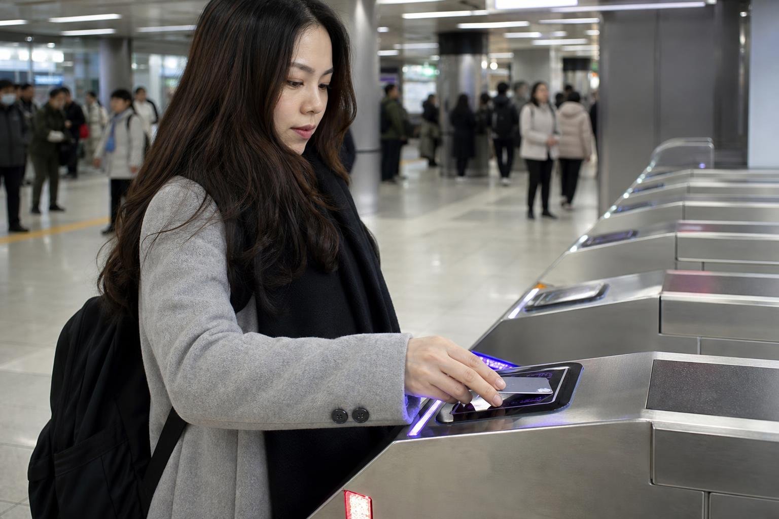 Close-up of a passenger tapping a card on the reader by a city bus exit