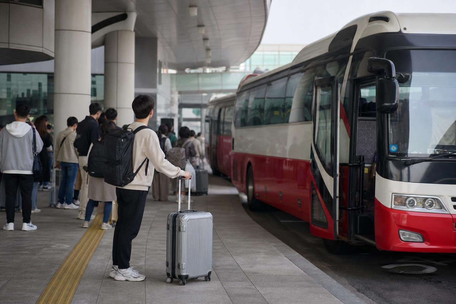 Suitcases being loaded into the underfloor compartment of an express bus at its boarding bay