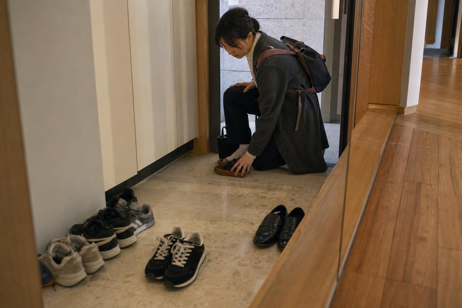 Visitor changing from street shoes to indoor slippers beside a Korean shoe cabinet